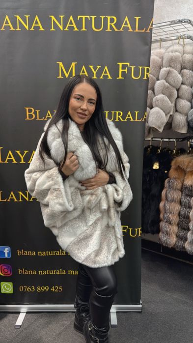 Haina din alcantara cu vizon si guler din vulpe polara