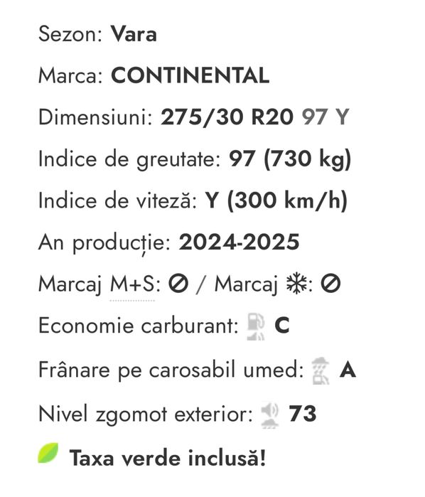 Set 4 Anvelope Vara 275/30 R20 CONTINENTAL Y noi