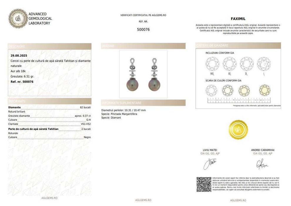 Pereche de cercei din aur alb, decorată cu diamante și perle Tahiti,