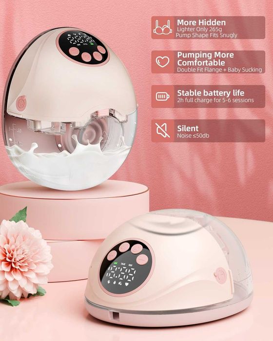 2buc Pompă de sân electrică portabilă, pompă de sân electrică, hands-free, 4 moduri, 12 niveluri, cu flanșă confortabilă