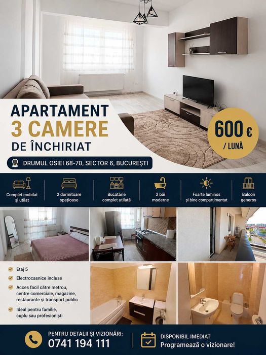 Apartament 3 camere de închiriat Drumul Osiei Sector 6, 600 €/lună