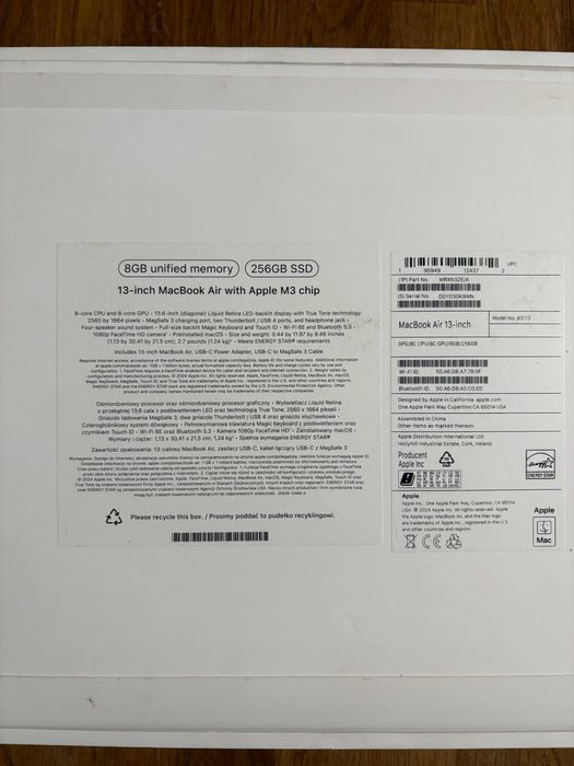 Macbook Air 13" M3, 2024 256GB