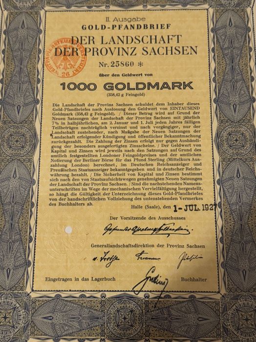 Obligațiune istorică aur Germania 1927-1000 Goldmark