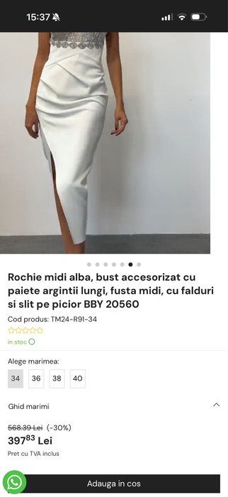 Rochie BBY de seara/revelion, alba, cu paiete argintii- noua, M