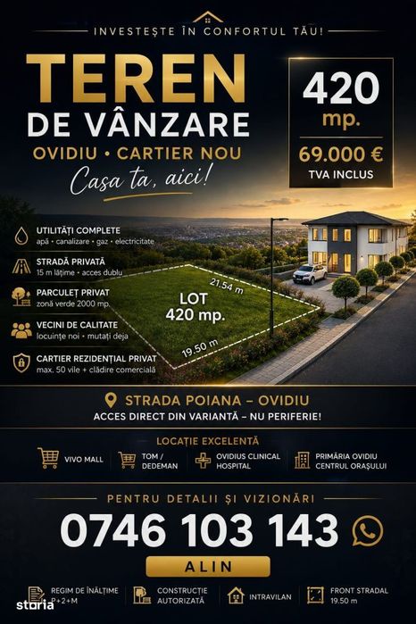 Vanzare Teren 420 mp. Ovidiu cartier nou