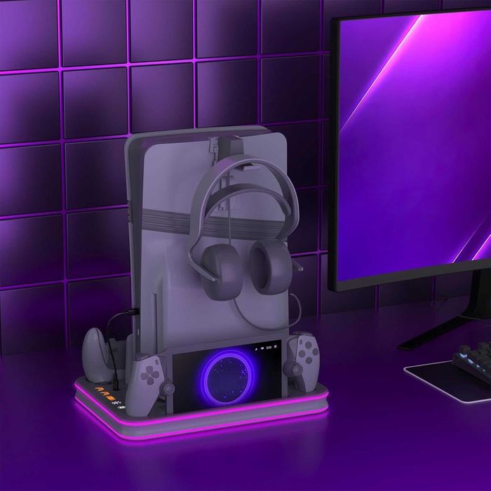 Докинг станция охлаждаща за PS5, RGB LED, стойка за слушалки, сива