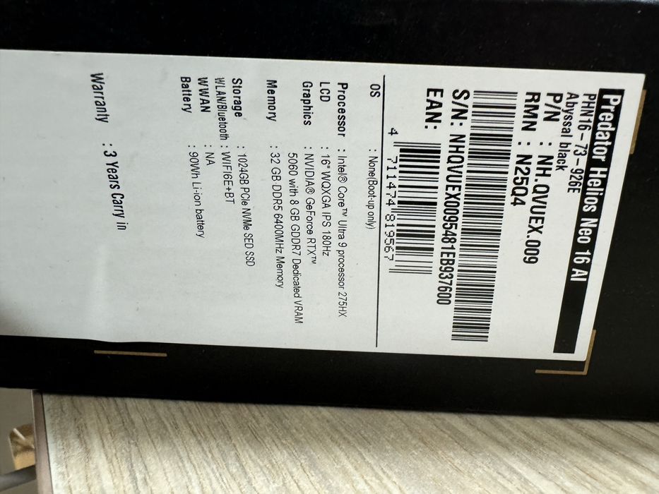 ACER Predator Helios Neo 16 AI,  intel Ultra 9, 32GB, Nvidia RTX 5060