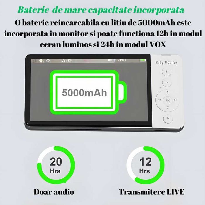 Camera video si audio,5", Rezolutie 720PHD,5000mAh baterie incorporata