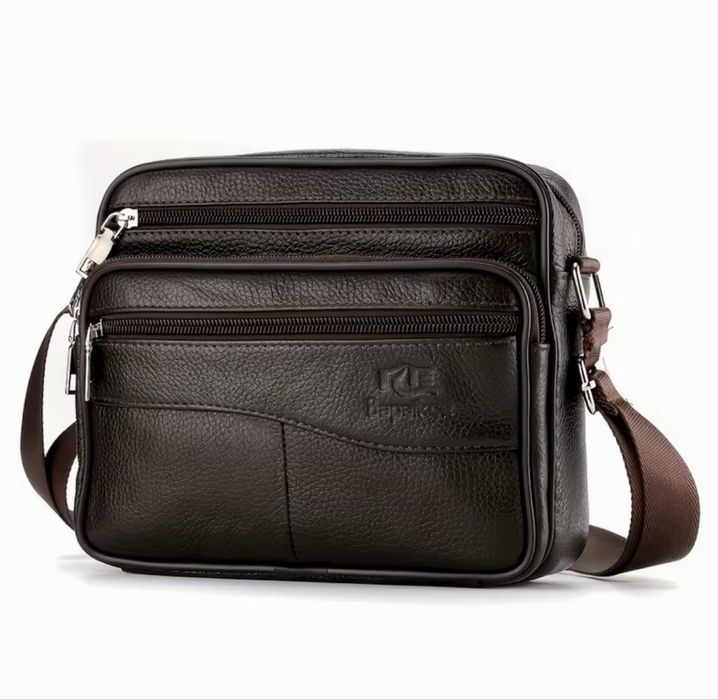 Мъжка обемна квадратна кожена чанта за рамо /Кафява и черна ест. кожа!