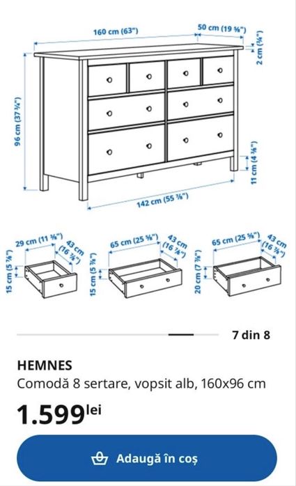 Comoda HEMNES 8 sertare, vopsit alb, 160x96 cm IKEA
