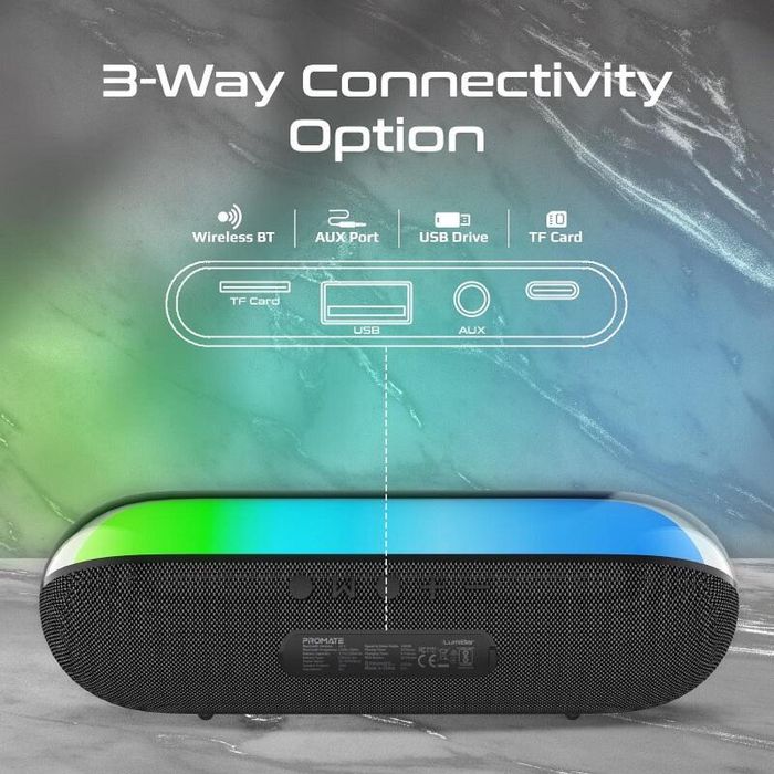 Promate LumiBar: Премиум Bluetooth v5.3 Водоустойчива Тонколона с тъч контрол и RGB LED светлина