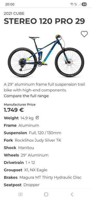 Bicicleta CUBE Stereo Pro, M, 29".