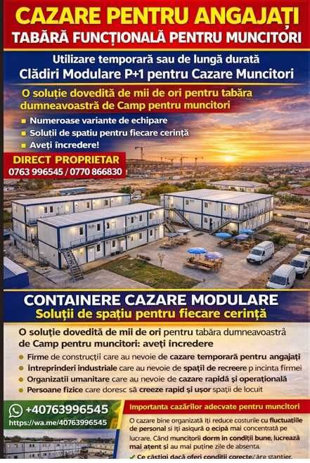 Chirie Cazare ieftina/spatiu comercial Cazare muncitori Echipe Depozit