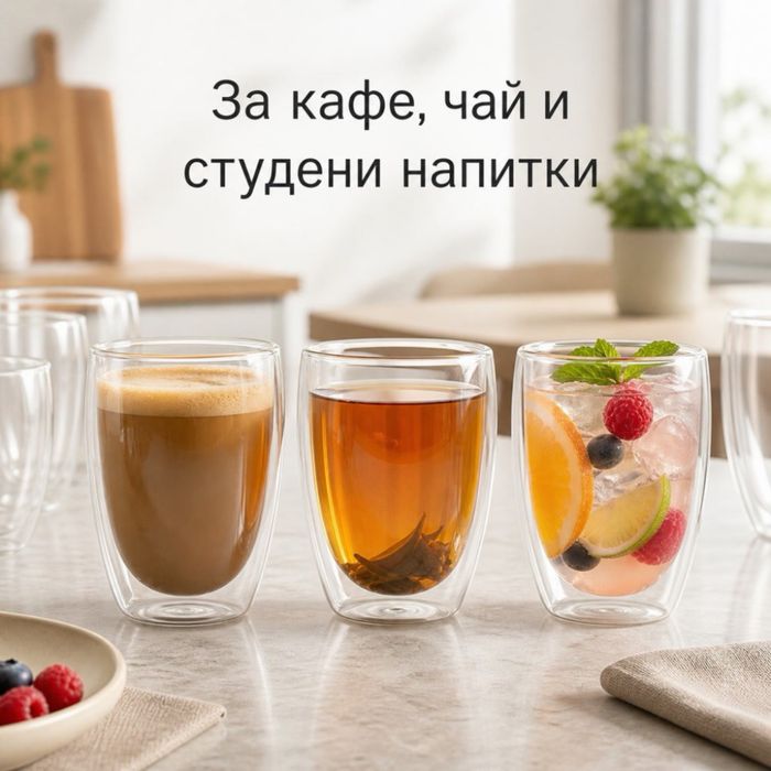 Комплект от 6 стъклени чаши с двойни стени за топли и студени напитки, 350 мл