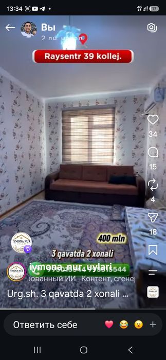 Raysentr 39 kollej yondo Yangi domda 2 xonali uy barcha jixozlari bila