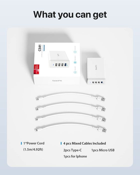 SooPii 40W USB зарядно за зареждане 4-портова USB зарядна станция