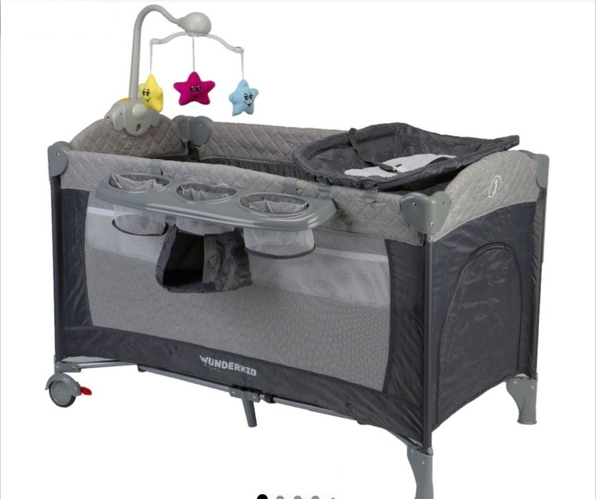 Patut pliant Wunderkid, 2 nivele, cu laterala culisanta si carusel cu