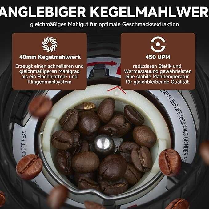 Електрическа кафемелачка AMZCHEF с 48 нива на смилане, антистатична система, сензорен панел, контейнер 300 г, корпус от неръждаема стомана