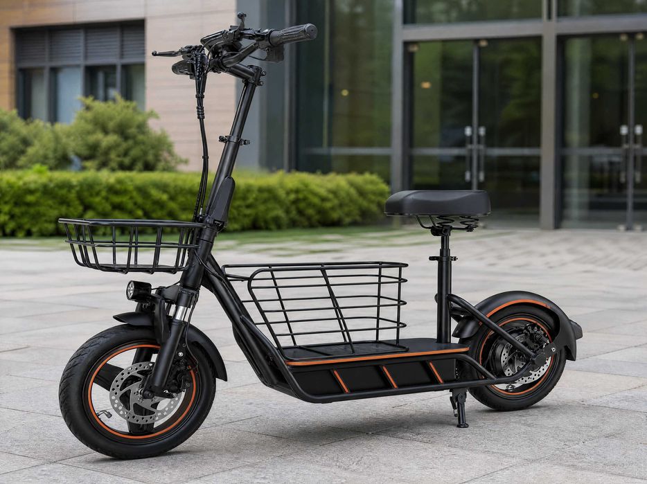 Trotineta electrica noua cu scaun si 2 cosuri, roti 14 inch, 600W