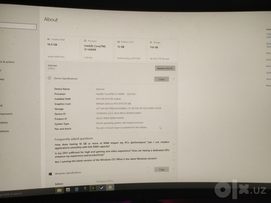GAMING + MANTAJ PC RTX 5070 12GB +i5 14400F+ DDR5 2×8GB 6000MHZ  M2