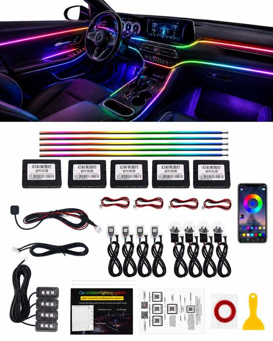 Kit 23 în 1 Lumini Ambientale Auto Symphony Wireless RGB , Benzi Acrilice LED, Control Bluetooth de pe telefon