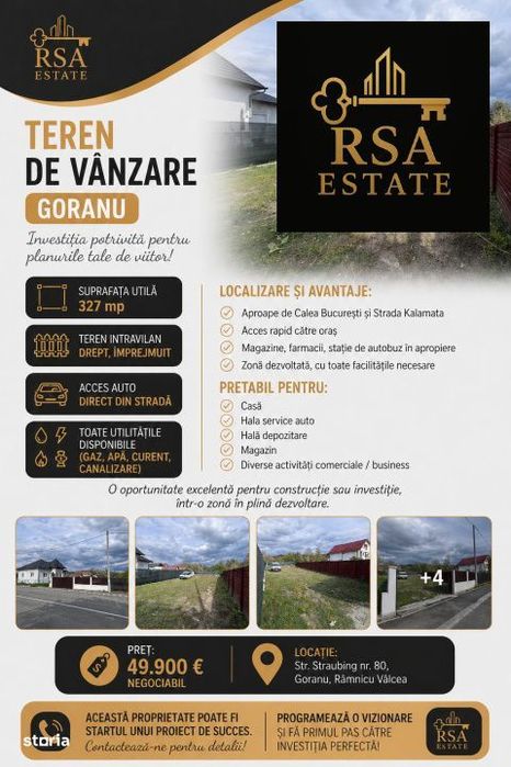 Teren de vanzare intravilan 327 mp Goranu Straubing Valcea, utilitati