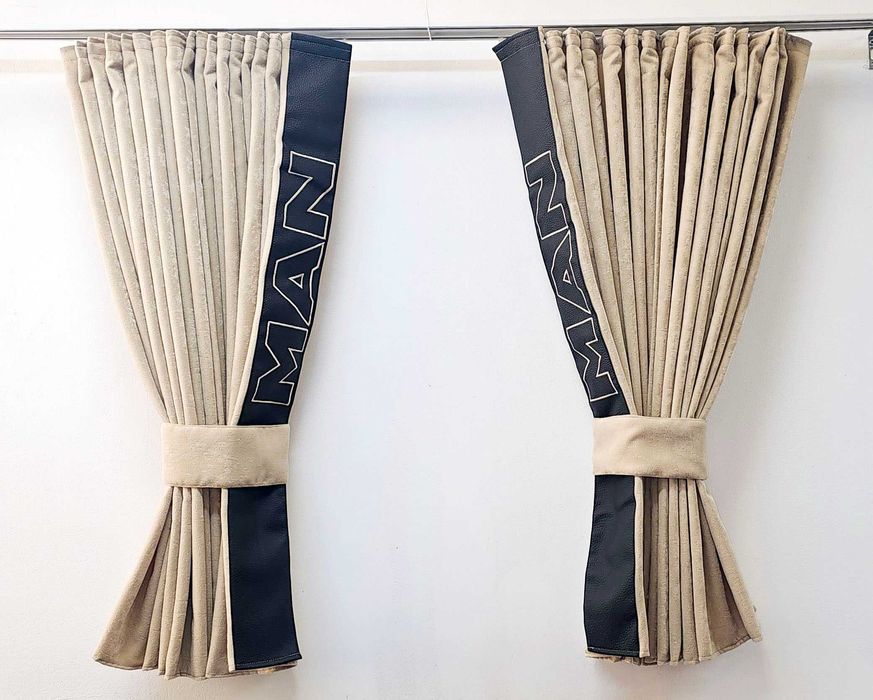 Бежови пердета за камиони MAN с кожена лента+кукички холандско чело