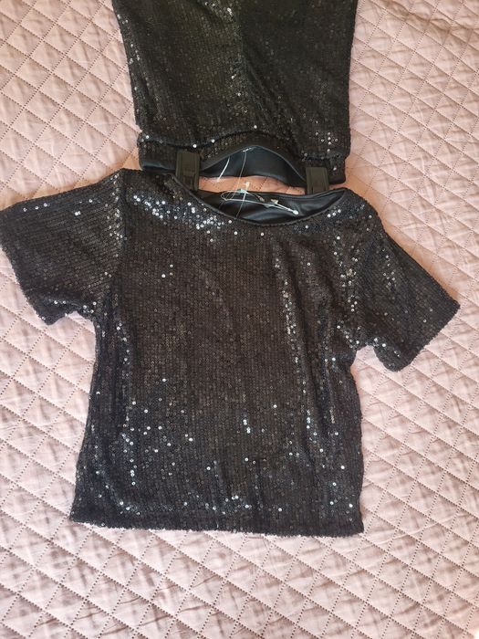 Детски сет за момиче, топ и панталон, в черно с пайети