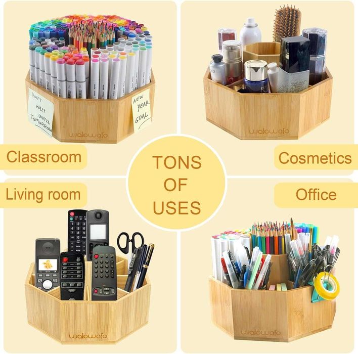 Organizator rotativ bambus, Walowalo, birou, cosmetice