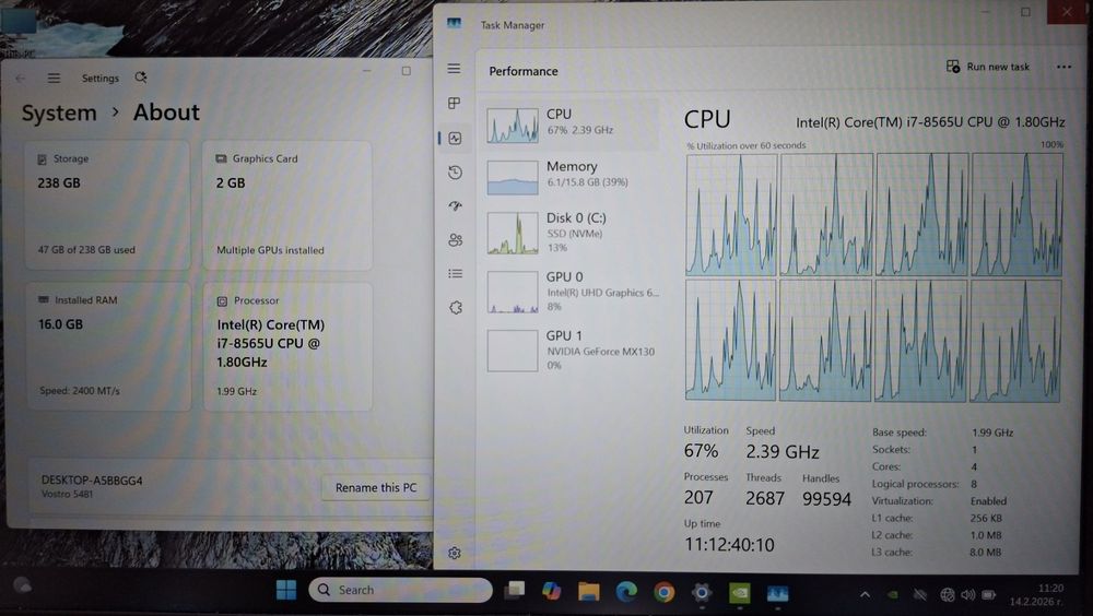 14' IPS Dell Vostro Core i7-8565U/16GB DDR4/NVIDIA MX130 2GB/256GB SSD