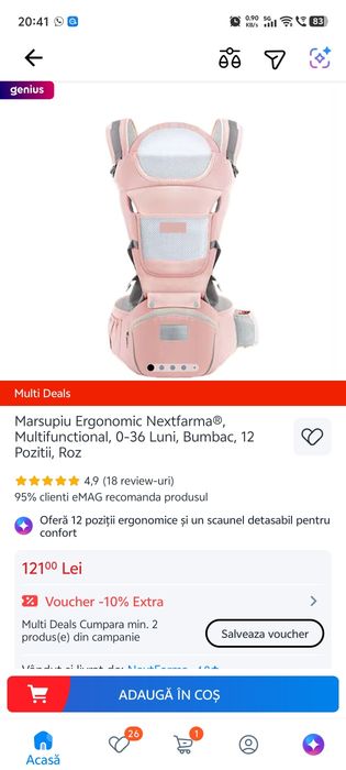 Marsupiu Ergonomic Nextfarma®, Multifunctional, 0-36 Luni, Bumbac, 12 Pozitii, Roz