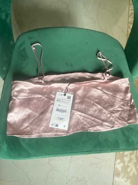 39 EUR Zara top crop scurt bretele roz pudra satinat