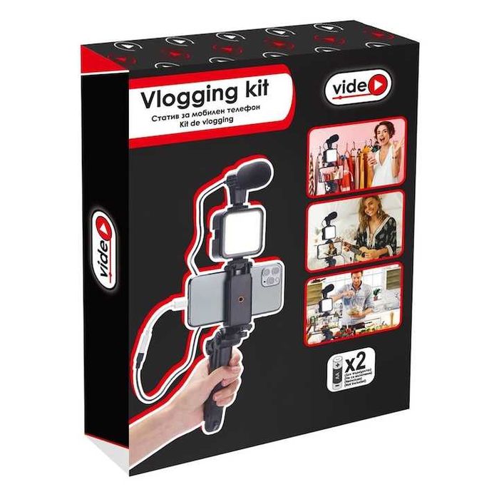Комплект за видеоблог със статив, LED лампа, Mикрофон за телефон