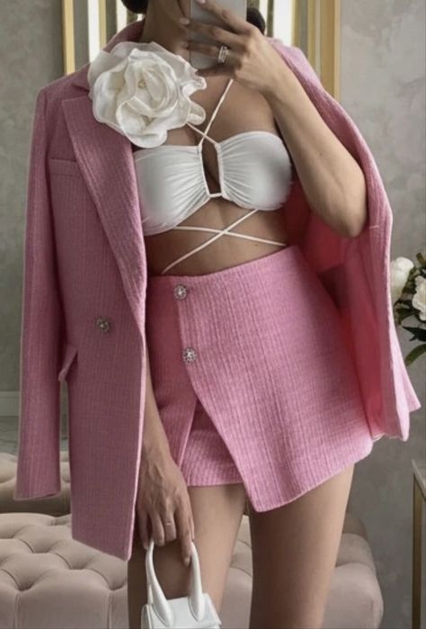 Costum tweed roz Barbie sacou fusta pantalon Zara xs - s