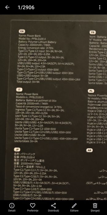 Power bank 20000Mha 100W blade / Profi subțire perfect pt laptop, telefon