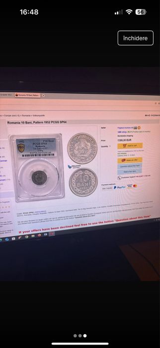 Moneda F Rara 10 bani 1952