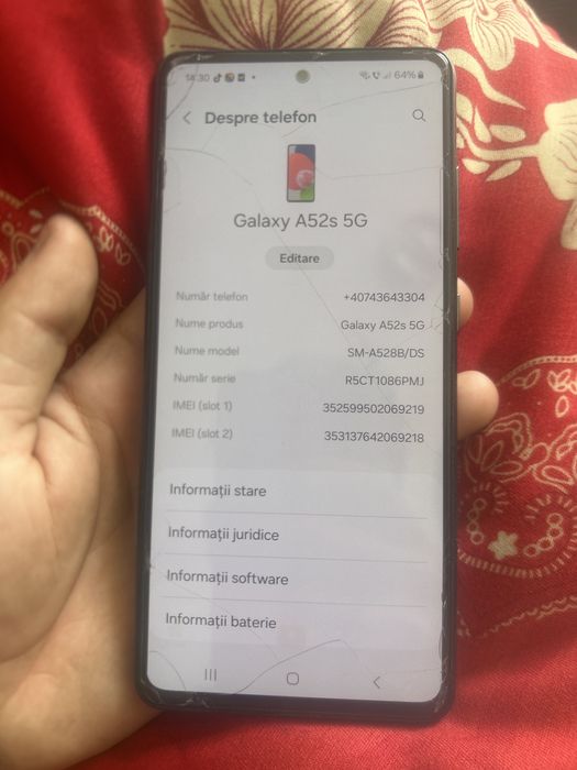 Vand, si eu acest tel Samnsung A52s 5G telefonul este impecabil e spartă doar folia nu e zgariat , l am folosit doar 4 luni