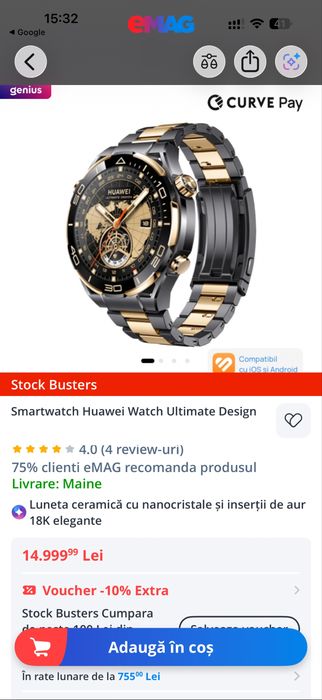 Huawei Watch Ultimate Design Gold – Cutie originală – Model Premium