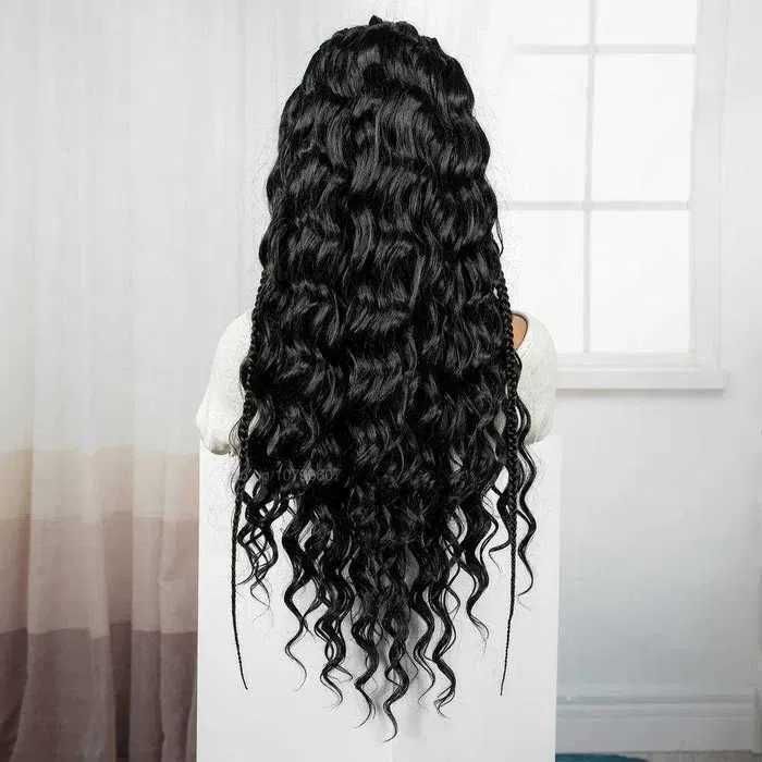 Екзотична черна синтетична перука с пълзящи плитки - Lace Front 13x6