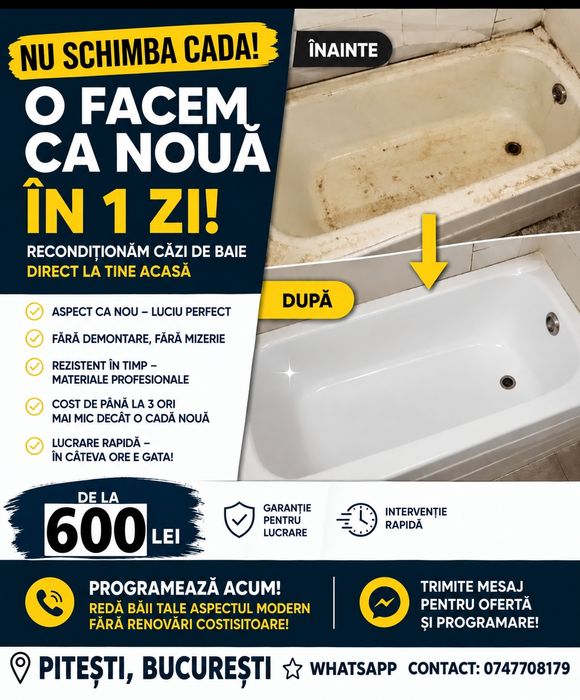 Recondiționare/Recondiționări Căzi de Baie, Emailare – Ca Nouă, Fără Demontare!