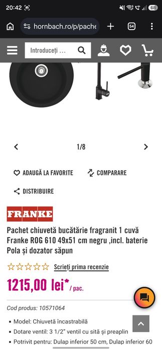 Pachet chiuveta bucatarie fragranite Franke ROG 610, 510 mm + Baterie Pola 1.0 + Dozator sapun, Negru