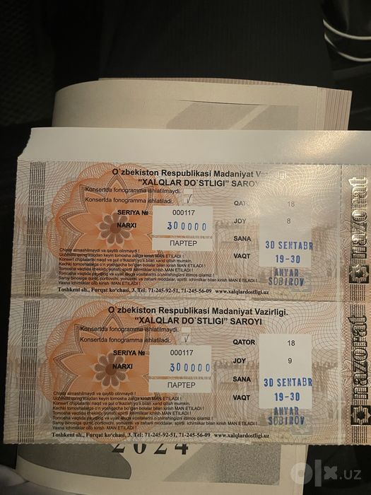 Anvar Sobirov kansertiga bilet 250000 da xalqlar dosligi saroyida 2 ta