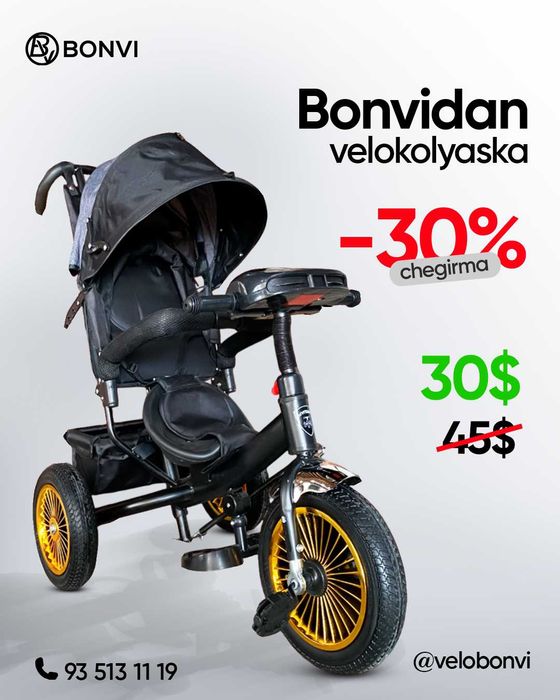 BONVI velo-kolyaska 1–4 yosh | –30% chegirma | Yangi