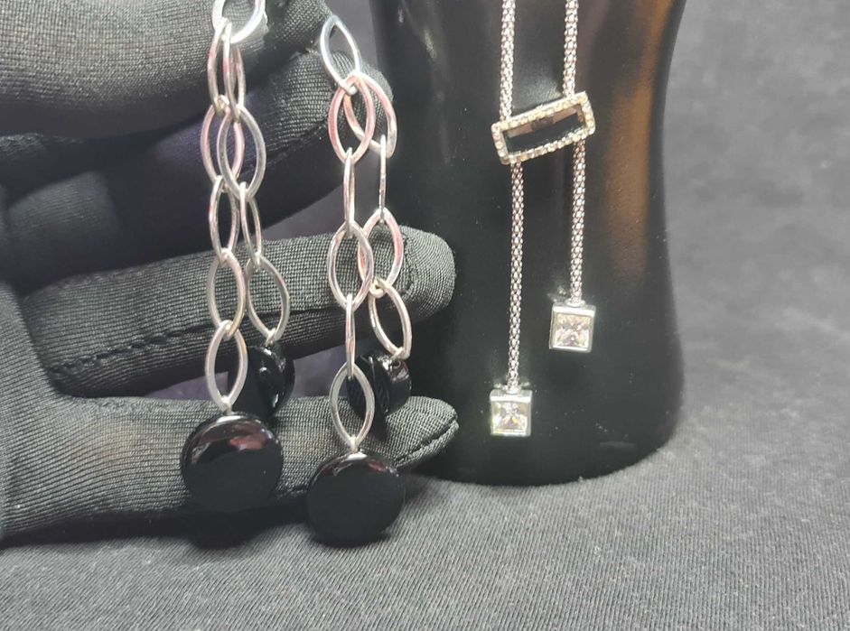 Дамски комплект, сребърно колие и обици, с камъни циркони и оникс 925