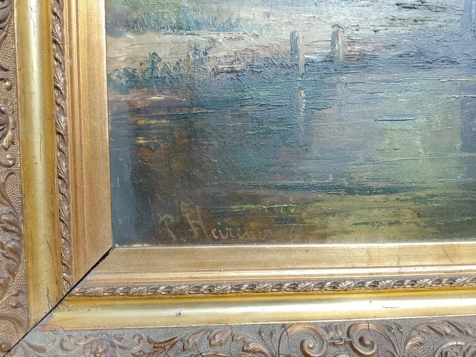 Pictura realizată în ulei pe pânză,lucrare semnată încadrata într-o ramă deosebita din lemn masiv sculptată , dimensiuni 50 cm cu 40