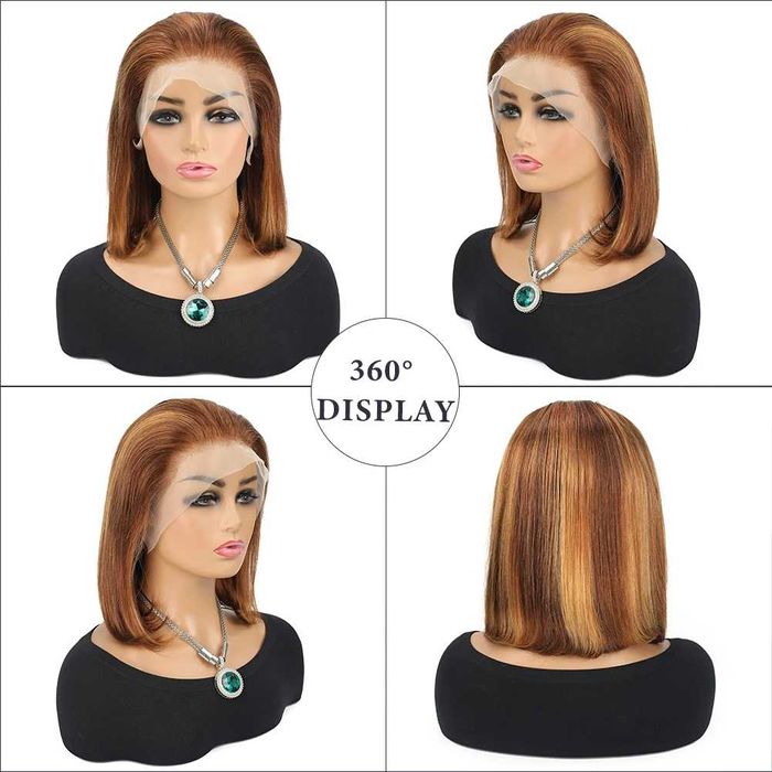 Естествена перука 35 см – кафява с руси кичури, медено руса, 13х4