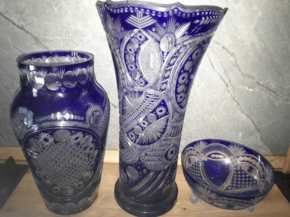 Lot 3 vaza fructiera cristal albastru Bohemia Sticla Turda
