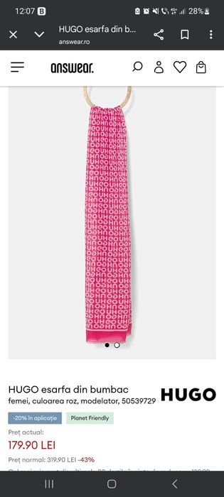 Esarfa HUGO,roz din bumbac