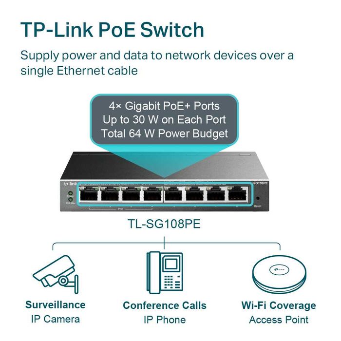 Switch TP-Link TL-SG108PE,Smart PoE+ 8 Porturi Gigabit Sigilat!