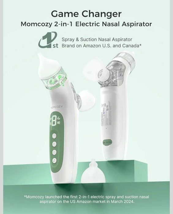Momcozy BreezyClear™ акумулаторен назален аспиратор 2 в 1 със спрей и засмукване,медицински клас,нов